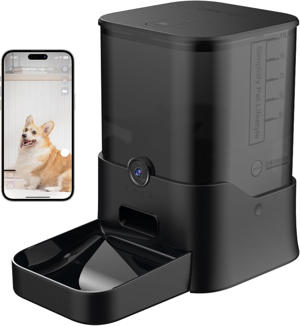 DOGNESS Automatic 11L Dog Feeder with Ultra Wide Angle HD Night Vision Camera Dog Feeder with APP Control Automatic Dog Feeder Support 2.4G WiFi 5000 mAh Battery and Plug-in Power (Black)