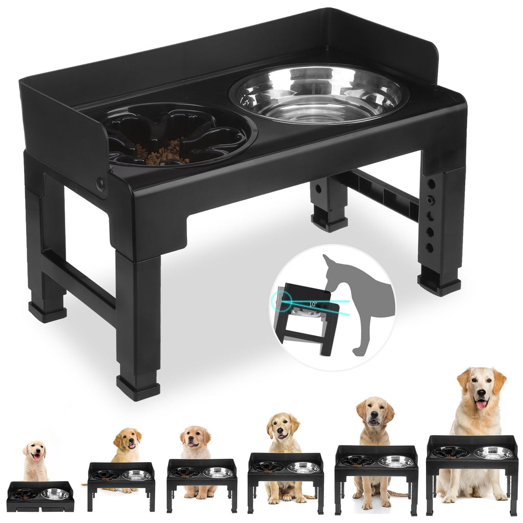 PAWCHIE Elevated Dog BowlsMess Proof Feeder for Large Dogs6 Height Adjustable Raised Dog Bowl Stand with Slow Feeder Dog Bowls & Dog Water BowlNo SpillNon-Slip Tiltable Dog Feeder Stand Black